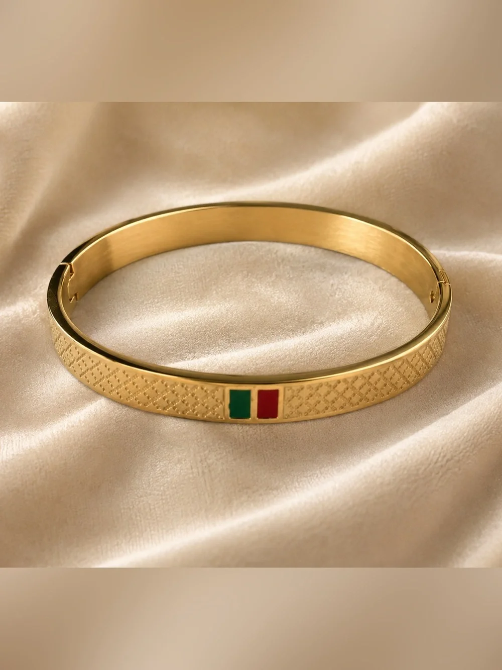 18K Gold Luxury Bangle with Green and Red Accents